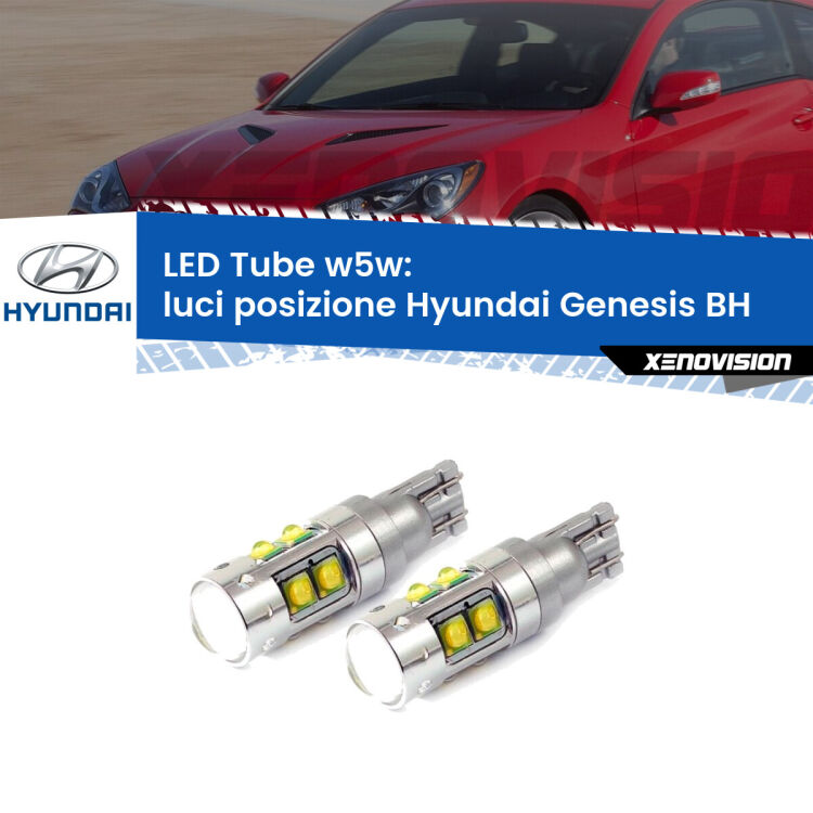 <strong>Luci posizione LED 6000k per Hyundai Genesis</strong> BH 2008-2014. Lampadine <strong>W5W</strong> canbus modello Tube, luce bianco lunare, lunga durata e compatibilità.