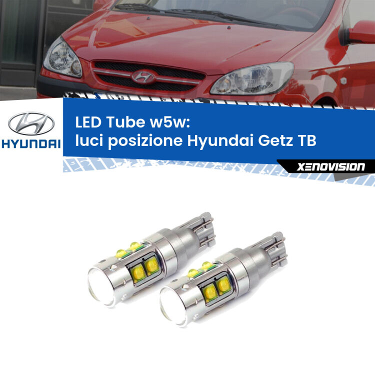 <strong>Luci posizione LED 6000k per Hyundai Getz</strong> TB 2002-2009. Lampadine <strong>W5W</strong> canbus modello Tube, luce bianco lunare, lunga durata e compatibilità.