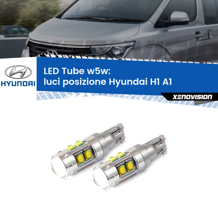 <strong>Luci posizione LED 6000k per Hyundai H1</strong> A1 1997-2008. Lampadine <strong>W5W</strong> canbus modello Tube, luce bianco lunare, lunga durata e compatibilità.