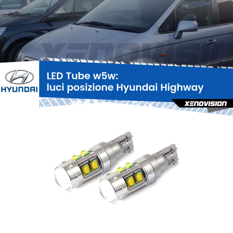 <strong>Luci posizione LED 6000k per Hyundai Highway</strong>  2000-2004. Lampadine <strong>W5W</strong> canbus modello Tube, luce bianco lunare, lunga durata e compatibilità.