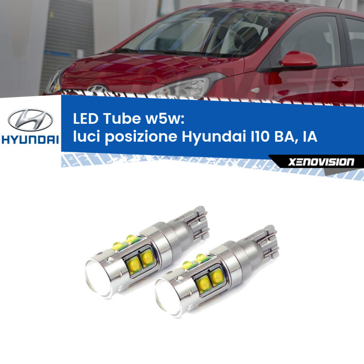 <strong>Luci posizione LED 6000k per Hyundai I10</strong> BA, IA 2013-2016. Lampadine <strong>W5W</strong> canbus modello Tube, luce bianco lunare, lunga durata e compatibilità.