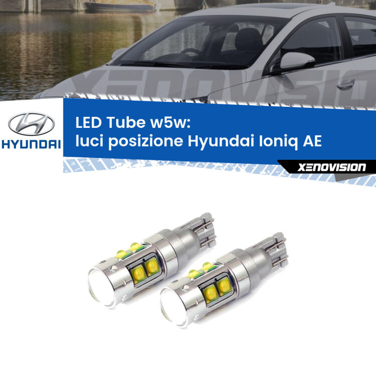 <strong>Luci posizione LED 6000k per Hyundai Ioniq</strong> AE 2016in poi. Lampadine <strong>W5W</strong> canbus modello Tube, luce bianco lunare, lunga durata e compatibilità.