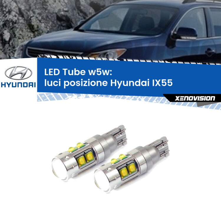 <strong>Luci posizione LED 6000k per Hyundai IX55</strong>  2008-2012. Lampadine <strong>W5W</strong> canbus modello Tube, luce bianco lunare, lunga durata e compatibilità.