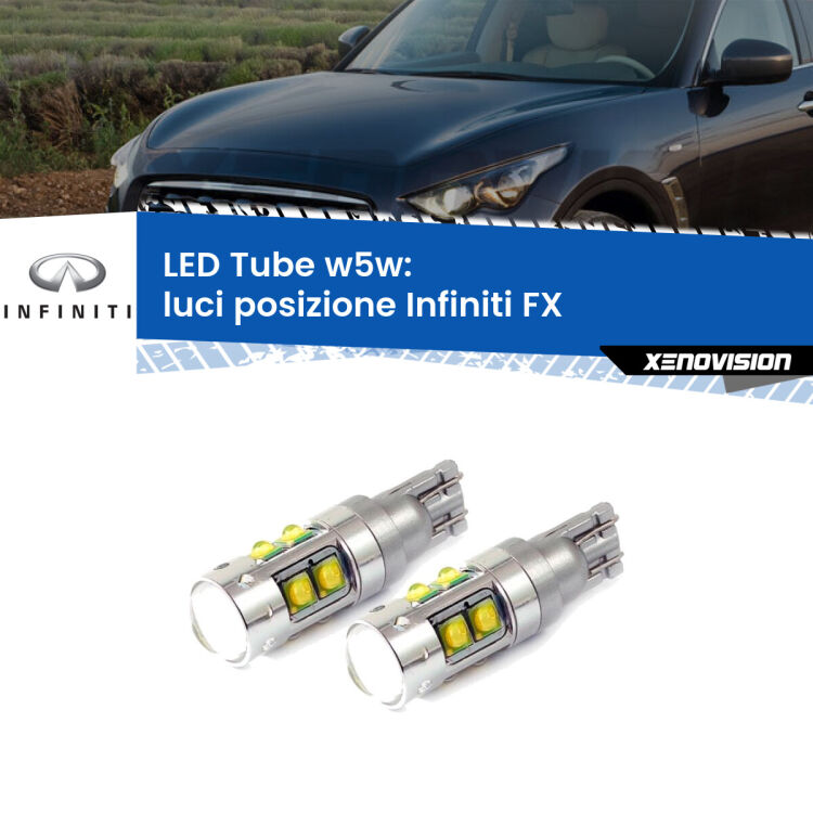 <strong>Luci posizione LED 6000k per Infiniti FX</strong>  2008-2013. Lampadine <strong>W5W</strong> canbus modello Tube, luce bianco lunare, lunga durata e compatibilità.