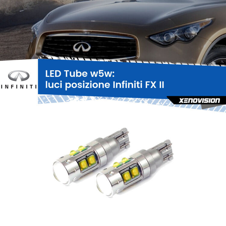 <strong>Luci posizione LED 6000k per Infiniti FX</strong> II 2008-2013. Lampadine <strong>W5W</strong> canbus modello Tube, luce bianco lunare, lunga durata e compatibilità.