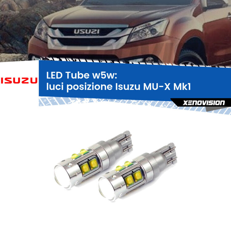 <strong>Luci posizione LED 6000k per Isuzu MU-X</strong> Mk1 2013-2019. Lampadine <strong>W5W</strong> canbus modello Tube, luce bianco lunare, lunga durata e compatibilità.