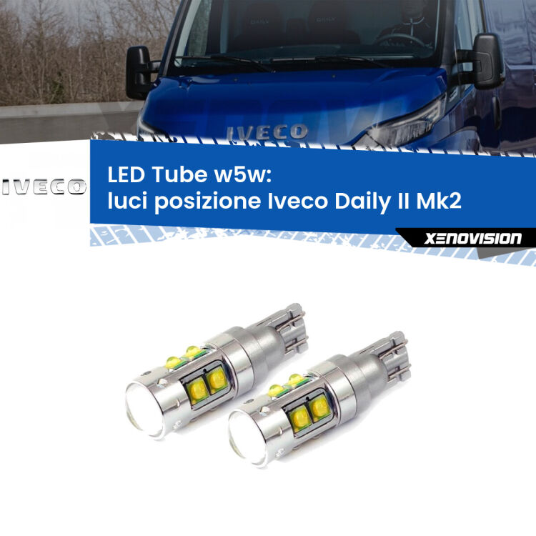 <strong>Luci posizione LED 6000k per Iveco Daily II</strong> Mk2 2006-2011. Lampadine <strong>W5W</strong> canbus modello Tube, luce bianco lunare, lunga durata e compatibilità.