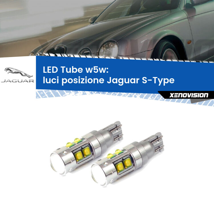 <strong>Luci posizione LED 6000k per Jaguar S-Type</strong>  1999-2007. Lampadine <strong>W5W</strong> canbus modello Tube, luce bianco lunare, lunga durata e compatibilità.