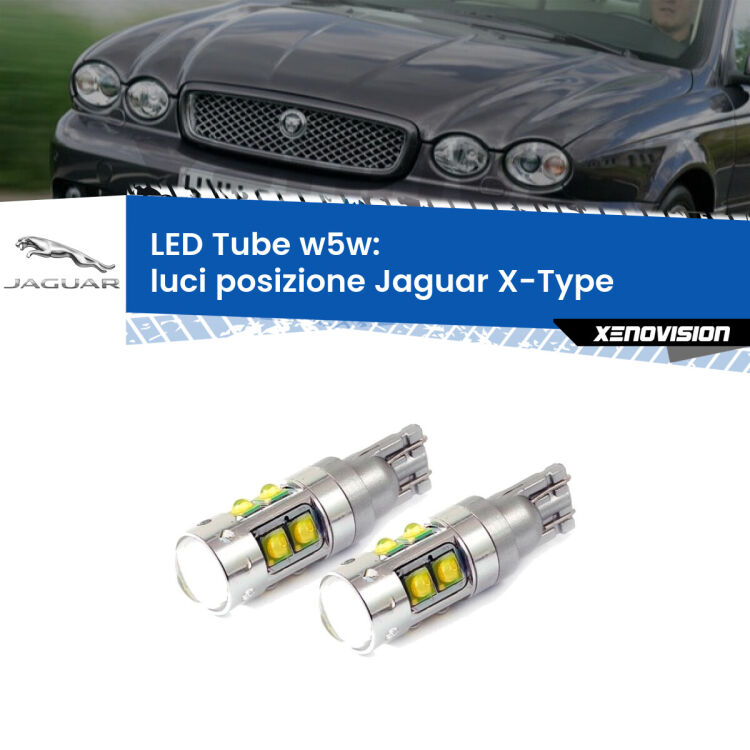 <strong>Luci posizione LED 6000k per Jaguar X-Type</strong>  2001-2009. Lampadine <strong>W5W</strong> canbus modello Tube, luce bianco lunare, lunga durata e compatibilità.