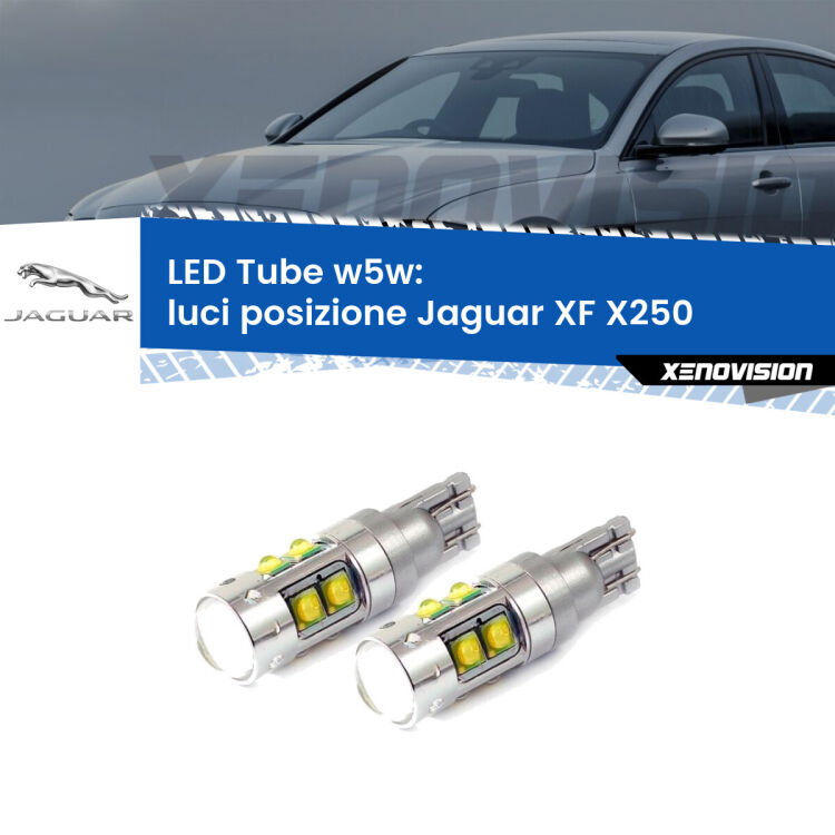 <strong>Luci posizione LED 6000k per Jaguar XF</strong> X250 2007-2011. Lampadine <strong>W5W</strong> canbus modello Tube, luce bianco lunare, lunga durata e compatibilità.