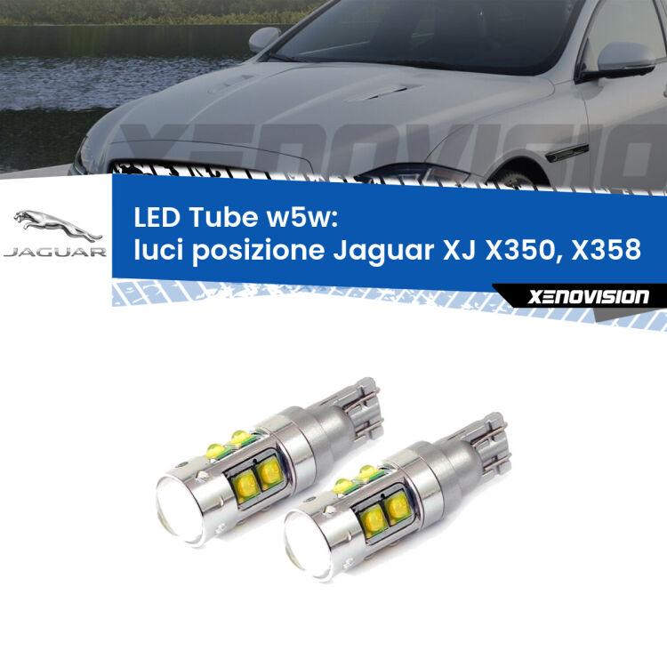 <strong>Luci posizione LED 6000k per Jaguar XJ</strong> X350, X358 2003-2009. Lampadine <strong>W5W</strong> canbus modello Tube, luce bianco lunare, lunga durata e compatibilità.