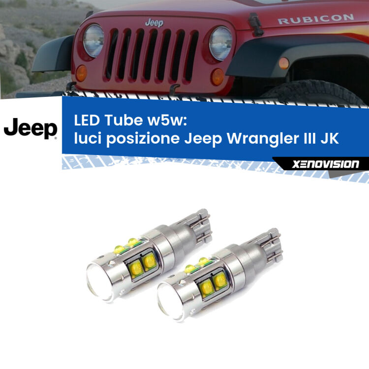 <strong>Luci posizione LED 6000k per Jeep Wrangler III</strong> JK 2006-2016. Lampadine <strong>W5W</strong> canbus modello Tube, luce bianco lunare, lunga durata e compatibilità.