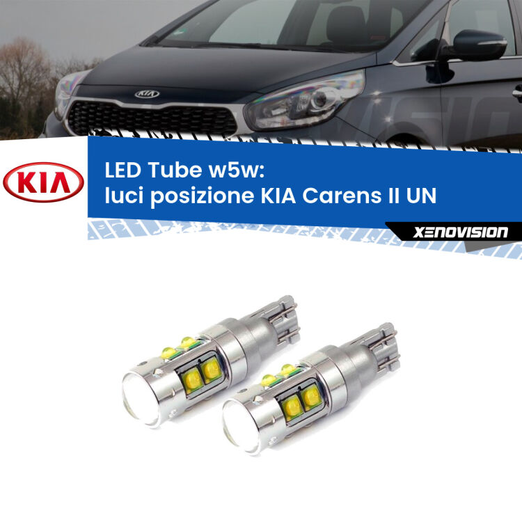 <strong>Luci posizione LED 6000k per KIA Carens II</strong> UN 2006-2011. Lampadine <strong>W5W</strong> canbus modello Tube, luce bianco lunare, lunga durata e compatibilità.