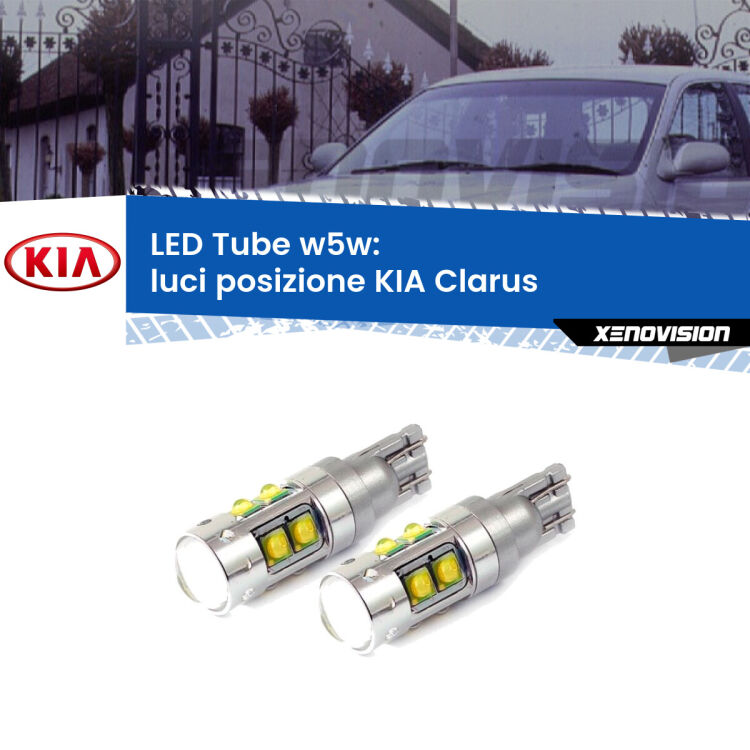 <strong>Luci posizione LED 6000k per KIA Clarus</strong>  1996-2001. Lampadine <strong>W5W</strong> canbus modello Tube, luce bianco lunare, lunga durata e compatibilità.