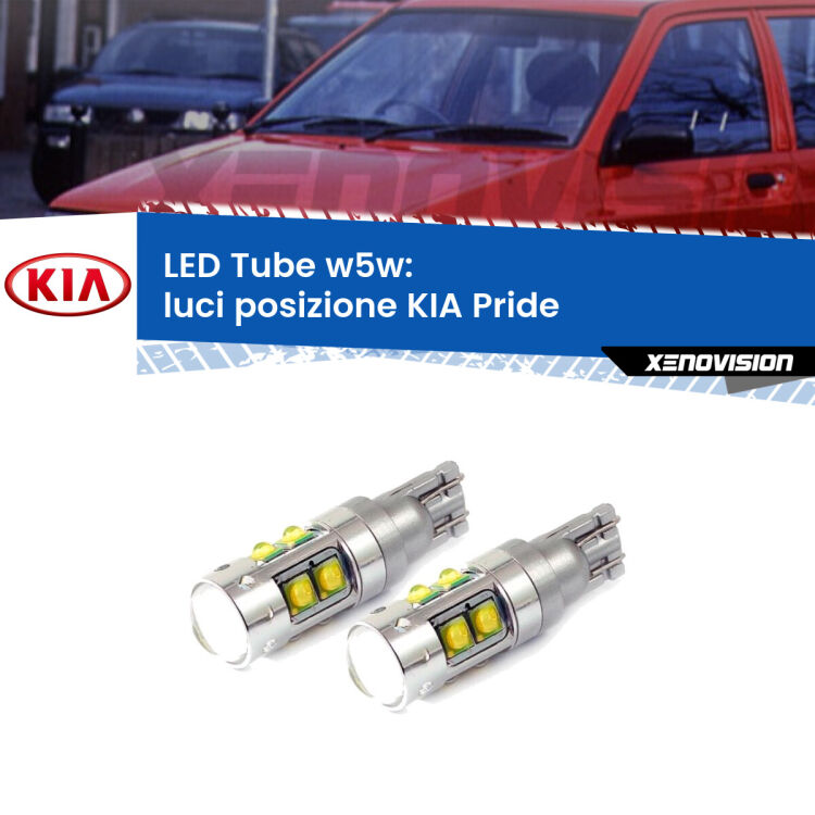 <strong>Luci posizione LED 6000k per KIA Pride</strong>  1990-2001. Lampadine <strong>W5W</strong> canbus modello Tube, luce bianco lunare, lunga durata e compatibilità.