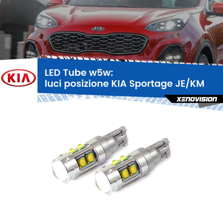 <strong>Luci posizione LED 6000k per KIA Sportage</strong> JE/KM 2004-2009. Lampadine <strong>W5W</strong> canbus modello Tube, luce bianco lunare, lunga durata e compatibilità.