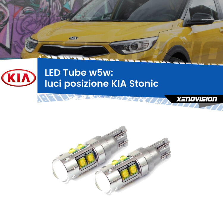 <strong>Luci posizione LED 6000k per KIA Stonic</strong>  a parabola singola. Lampadine <strong>W5W</strong> canbus modello Tube, luce bianco lunare, lunga durata e compatibilità.