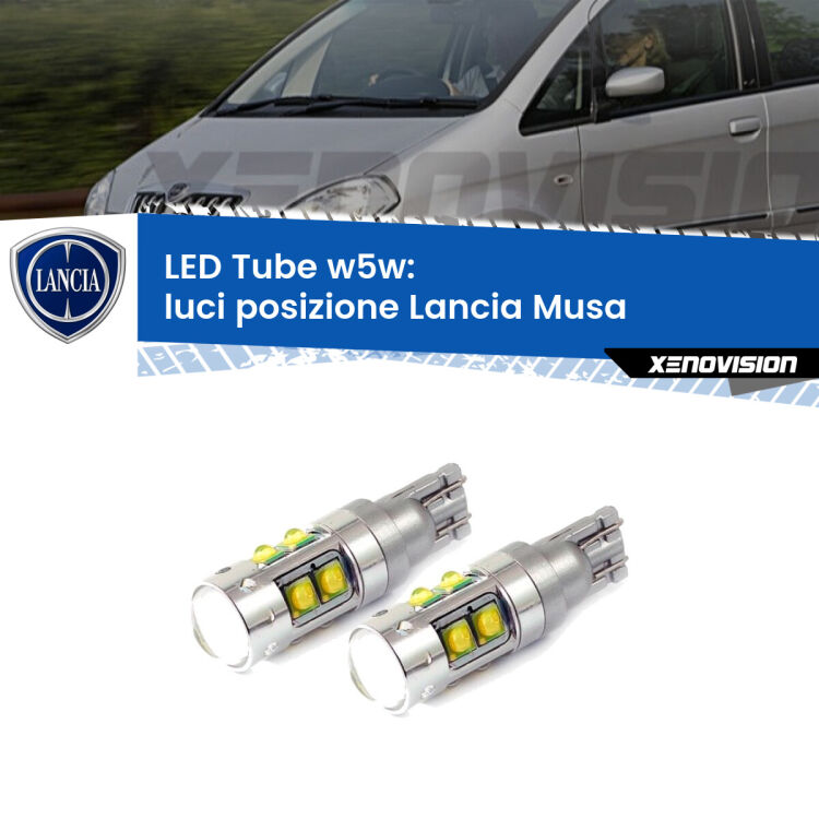 <strong>Luci posizione LED 6000k per Lancia Musa</strong>  2004-2012. Lampadine <strong>W5W</strong> canbus modello Tube, luce bianco lunare, lunga durata e compatibilità.