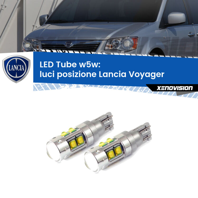 <strong>Luci posizione LED 6000k per Lancia Voyager</strong>  2011-2014. Lampadine <strong>W5W</strong> canbus modello Tube, luce bianco lunare, lunga durata e compatibilità.