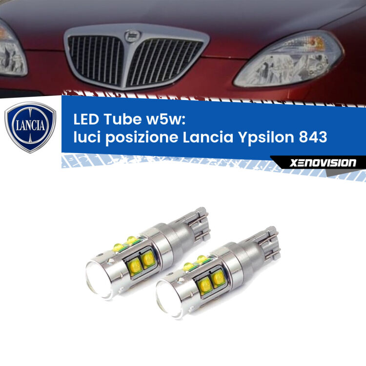 <strong>Luci posizione LED 6000k per Lancia Ypsilon</strong> 843 2003-2011. Lampadine <strong>W5W</strong> canbus modello Tube, luce bianco lunare, lunga durata e compatibilità.