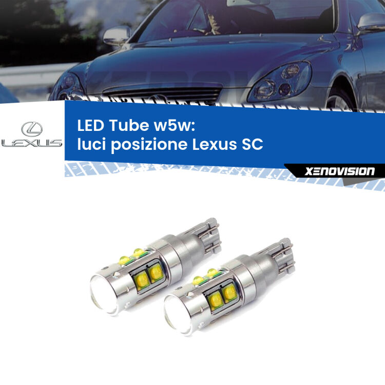 <strong>Luci posizione LED 6000k per Lexus SC</strong>  2001-2010. Lampadine <strong>W5W</strong> canbus modello Tube, luce bianco lunare, lunga durata e compatibilità.