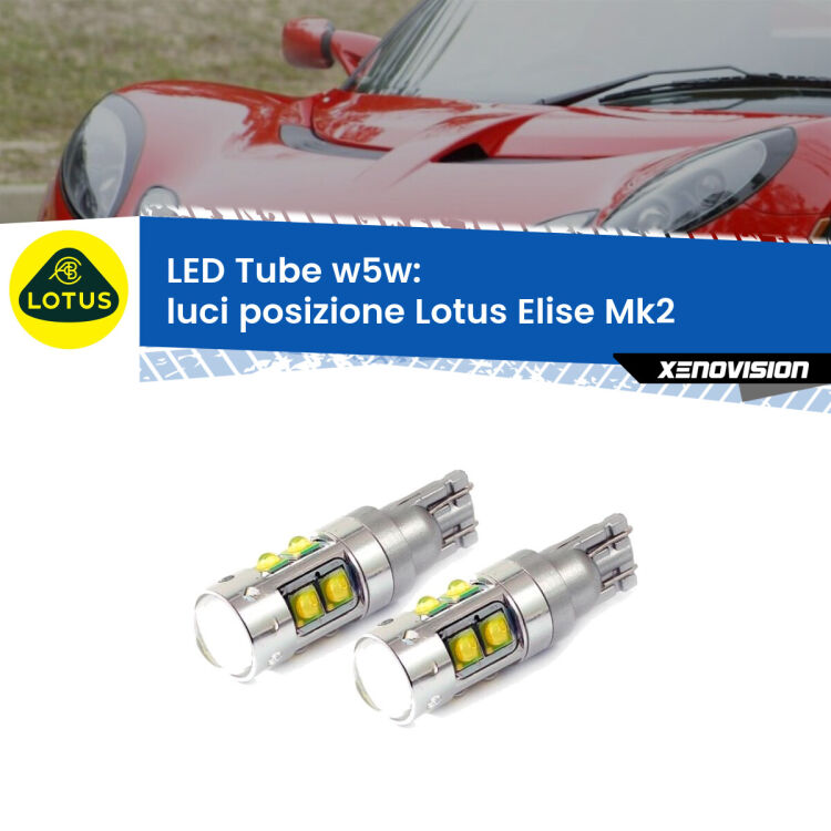 <strong>Luci posizione LED 6000k per Lotus Elise</strong> Mk2 2000-2009. Lampadine <strong>W5W</strong> canbus modello Tube, luce bianco lunare, lunga durata e compatibilità.