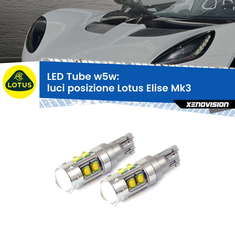 <strong>Luci posizione LED 6000k per Lotus Elise</strong> Mk3 2010-2022. Lampadine <strong>W5W</strong> canbus modello Tube, luce bianco lunare, lunga durata e compatibilità.