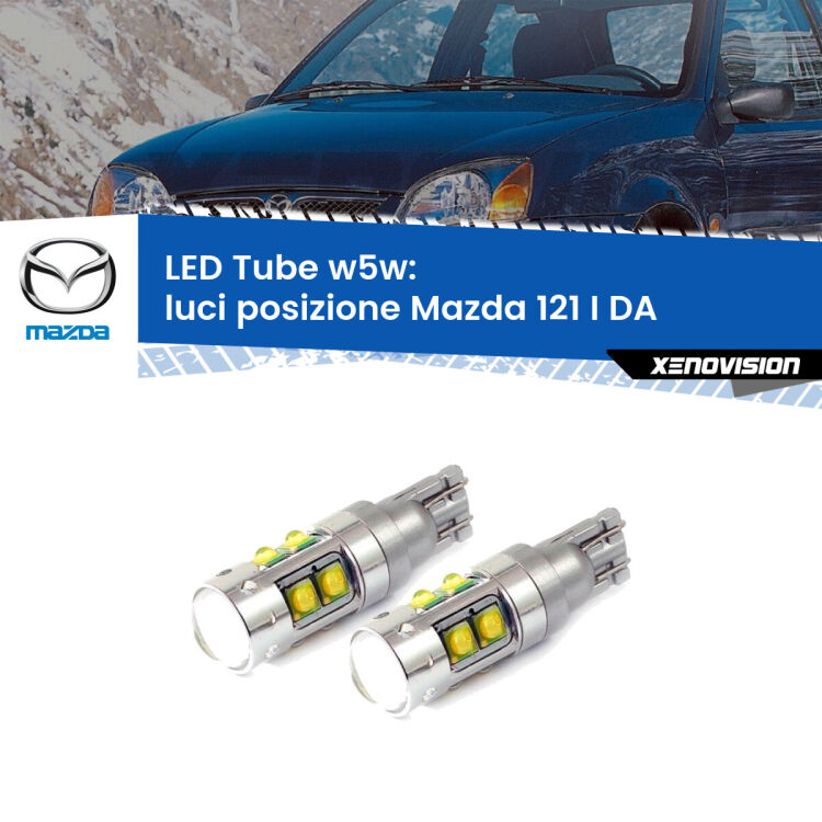 <strong>Luci posizione LED 6000k per Mazda 121 I</strong> DA 1987-1990. Lampadine <strong>W5W</strong> canbus modello Tube, luce bianco lunare, lunga durata e compatibilità.