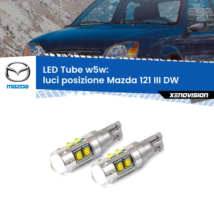 <strong>Luci posizione LED 6000k per Mazda 121 III</strong> DW 1996-2003. Lampadine <strong>W5W</strong> canbus modello Tube, luce bianco lunare, lunga durata e compatibilità.