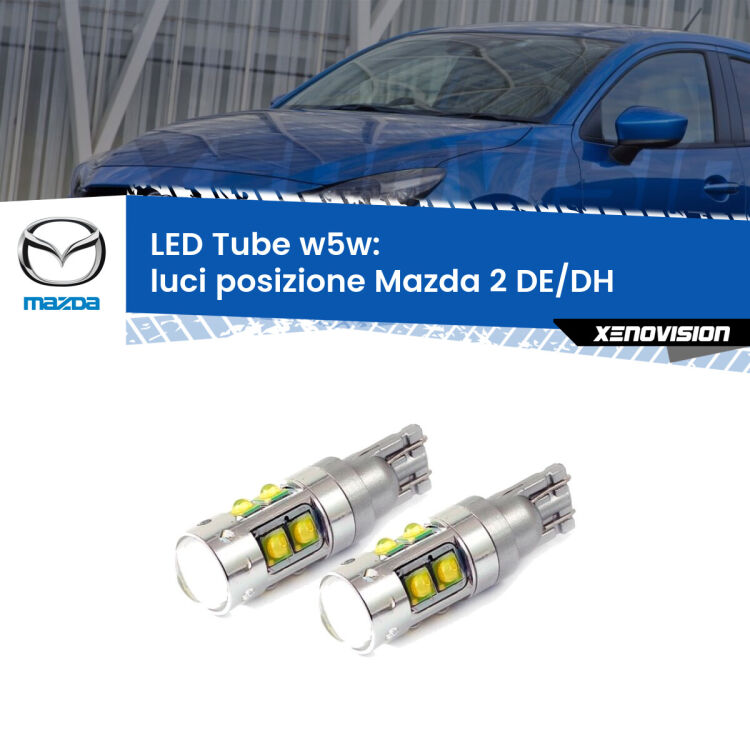 <strong>Luci posizione LED 6000k per Mazda 2</strong> DE/DH 2007-2015. Lampadine <strong>W5W</strong> canbus modello Tube, luce bianco lunare, lunga durata e compatibilità.