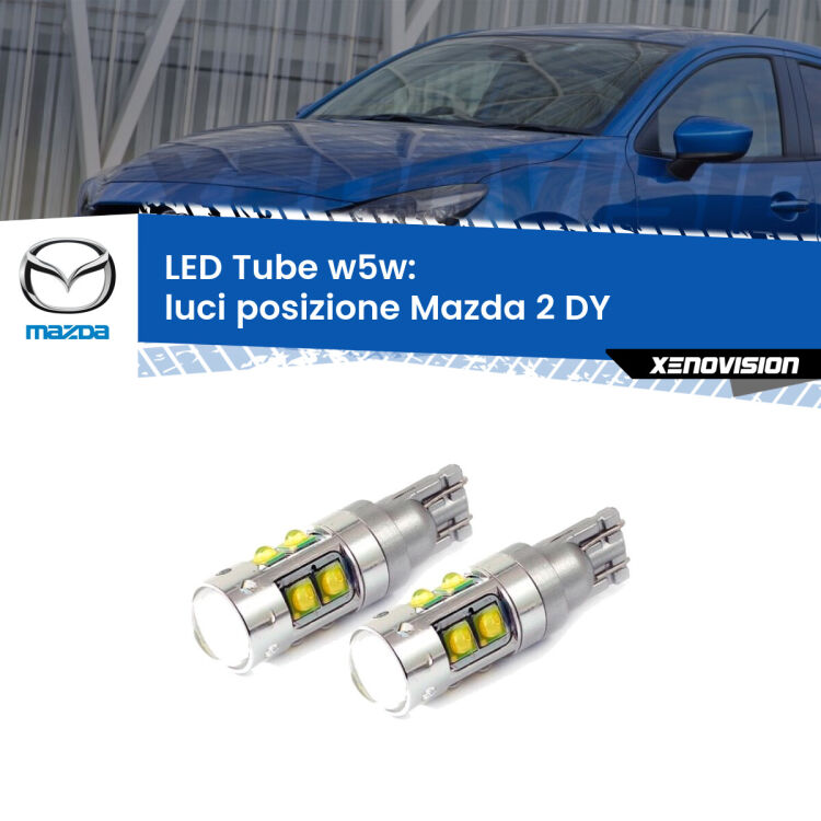 <strong>Luci posizione LED 6000k per Mazda 2</strong> DY 2003-2007. Lampadine <strong>W5W</strong> canbus modello Tube, luce bianco lunare, lunga durata e compatibilità.