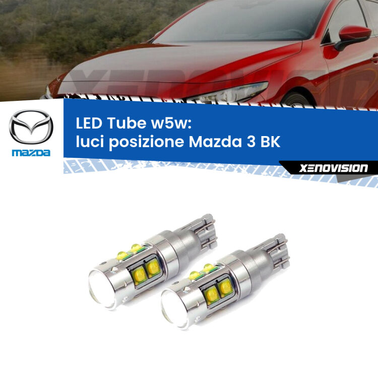 <strong>Luci posizione LED 6000k per Mazda 3</strong> BK 2003-2009. Lampadine <strong>W5W</strong> canbus modello Tube, luce bianco lunare, lunga durata e compatibilità.