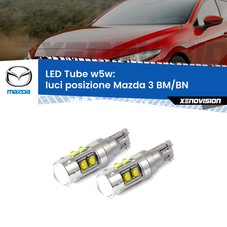 <strong>Luci posizione LED 6000k per Mazda 3</strong> BM/BN 2013-2018. Lampadine <strong>W5W</strong> canbus modello Tube, luce bianco lunare, lunga durata e compatibilità.