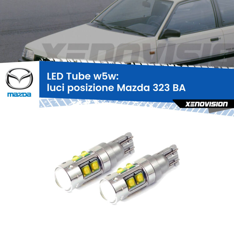 <strong>Luci posizione LED 6000k per Mazda 323</strong> BA 1994-1998. Lampadine <strong>W5W</strong> canbus modello Tube, luce bianco lunare, lunga durata e compatibilità.