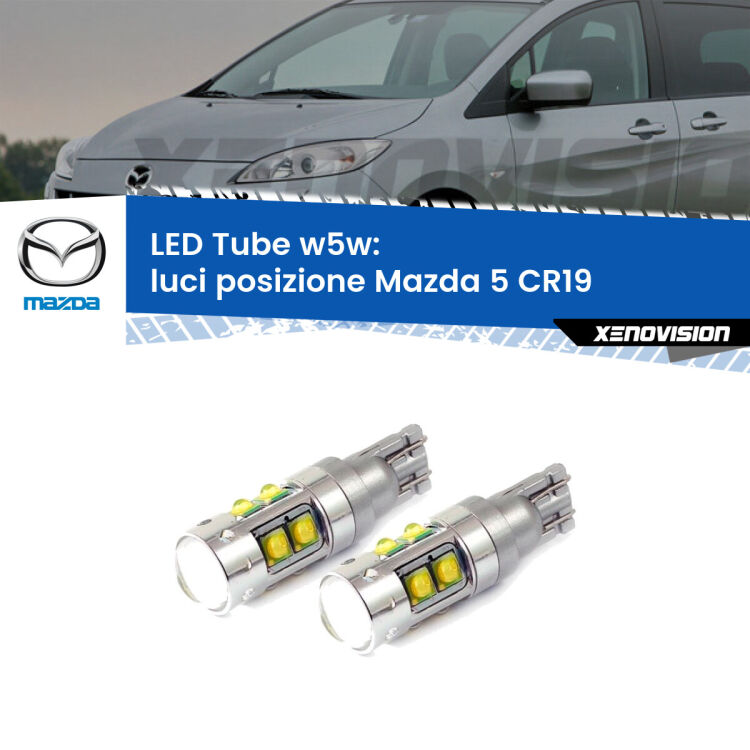 <strong>Luci posizione LED 6000k per Mazda 5</strong> CR19 2005-2010. Lampadine <strong>W5W</strong> canbus modello Tube, luce bianco lunare, lunga durata e compatibilità.