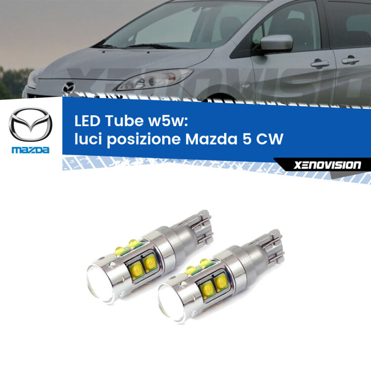 <strong>Luci posizione LED 6000k per Mazda 5</strong> CW 2010in poi. Lampadine <strong>W5W</strong> canbus modello Tube, luce bianco lunare, lunga durata e compatibilità.