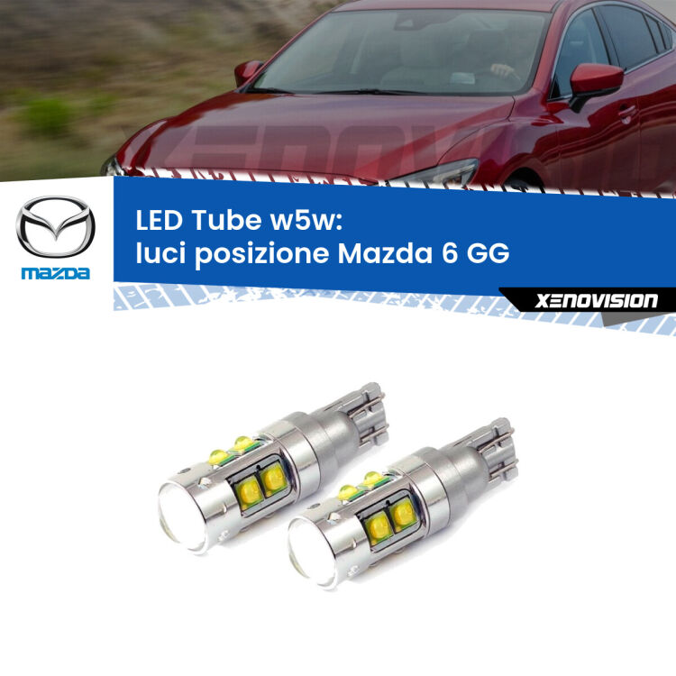 <strong>Luci posizione LED 6000k per Mazda 6</strong> GG 2002-2007. Lampadine <strong>W5W</strong> canbus modello Tube, luce bianco lunare, lunga durata e compatibilità.