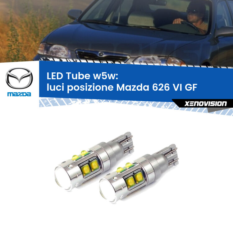 <strong>Luci posizione LED 6000k per Mazda 626 VI</strong> GF 1997-2002. Lampadine <strong>W5W</strong> canbus modello Tube, luce bianco lunare, lunga durata e compatibilità.