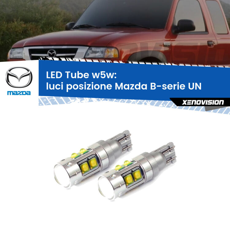 <strong>Luci posizione LED 6000k per Mazda B-serie</strong> UN 1999-2006. Lampadine <strong>W5W</strong> canbus modello Tube, luce bianco lunare, lunga durata e compatibilità.