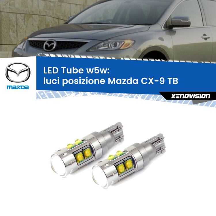 <strong>Luci posizione LED 6000k per Mazda CX-9</strong> TB 2006-2015. Lampadine <strong>W5W</strong> canbus modello Tube, luce bianco lunare, lunga durata e compatibilità.