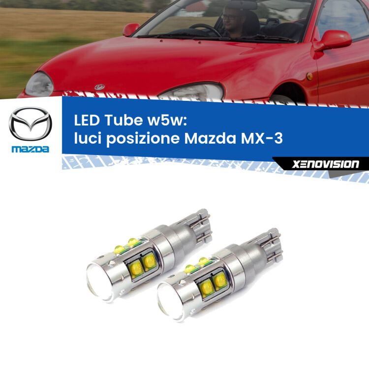 <strong>Luci posizione LED 6000k per Mazda MX-3</strong>  1991-1998. Lampadine <strong>W5W</strong> canbus modello Tube, luce bianco lunare, lunga durata e compatibilità.