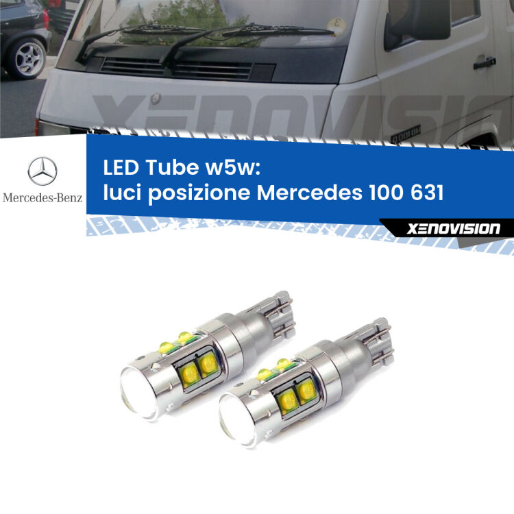 <strong>Luci posizione LED 6000k per Mercedes 100</strong> 631 restyling. Lampadine <strong>W5W</strong> canbus modello Tube, luce bianco lunare, lunga durata e compatibilità.