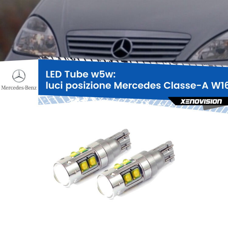 <strong>Luci posizione LED 6000k per Mercedes Classe-A</strong> W168 1997-2004. Lampadine <strong>W5W</strong> canbus modello Tube, luce bianco lunare, lunga durata e compatibilità.