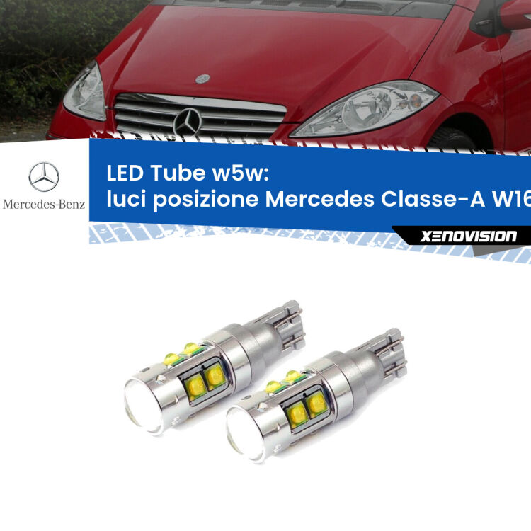 <strong>Luci posizione LED 6000k per Mercedes Classe-A</strong> W169 2004-2012. Lampadine <strong>W5W</strong> canbus modello Tube, luce bianco lunare, lunga durata e compatibilità.