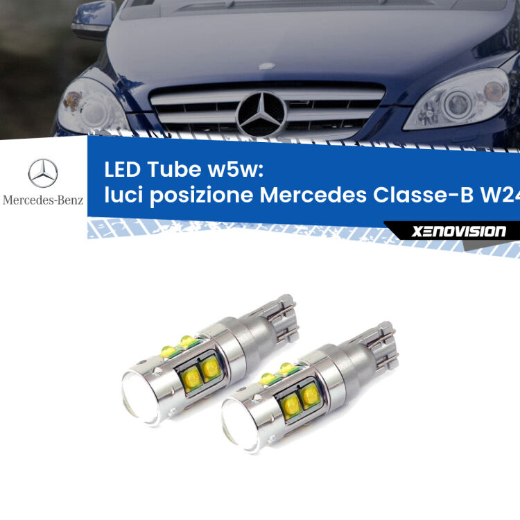 <strong>Luci posizione LED 6000k per Mercedes Classe-B</strong> W245 2005-2011. Lampadine <strong>W5W</strong> canbus modello Tube, luce bianco lunare, lunga durata e compatibilità.