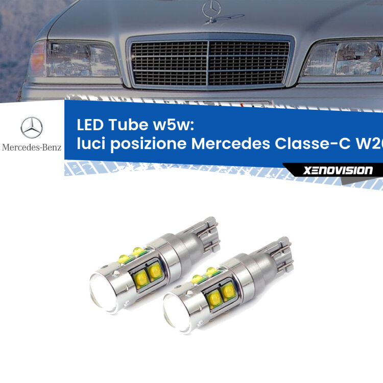 <strong>Luci posizione LED 6000k per Mercedes Classe-C</strong> W202 1993-2000. Lampadine <strong>W5W</strong> canbus modello Tube, luce bianco lunare, lunga durata e compatibilità.