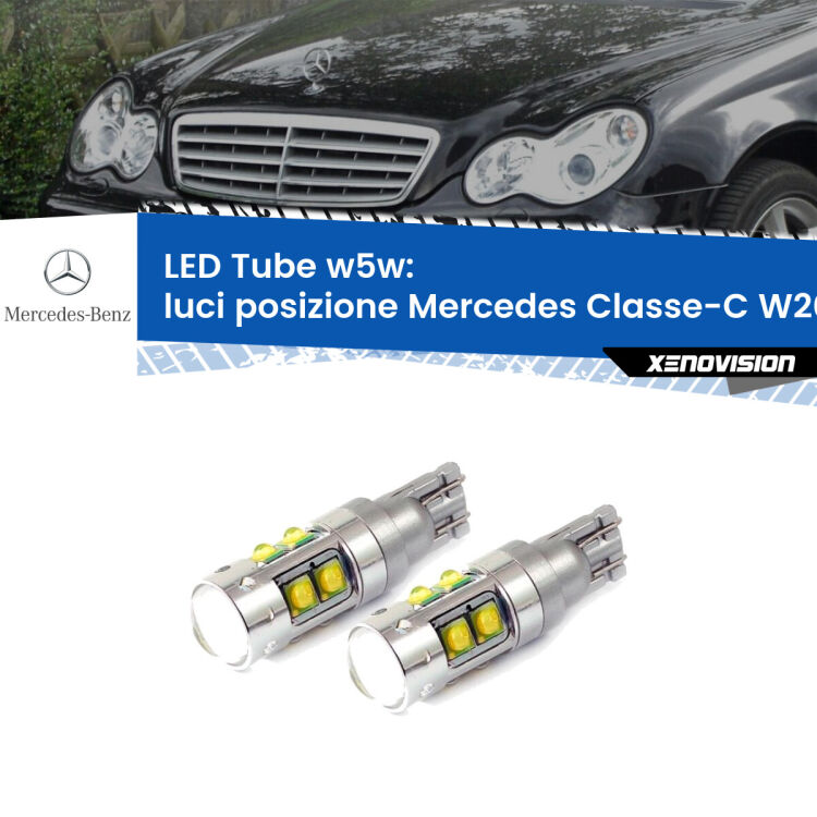 <strong>Luci posizione LED 6000k per Mercedes Classe-C</strong> W203 2000-2007. Lampadine <strong>W5W</strong> canbus modello Tube, luce bianco lunare, lunga durata e compatibilità.