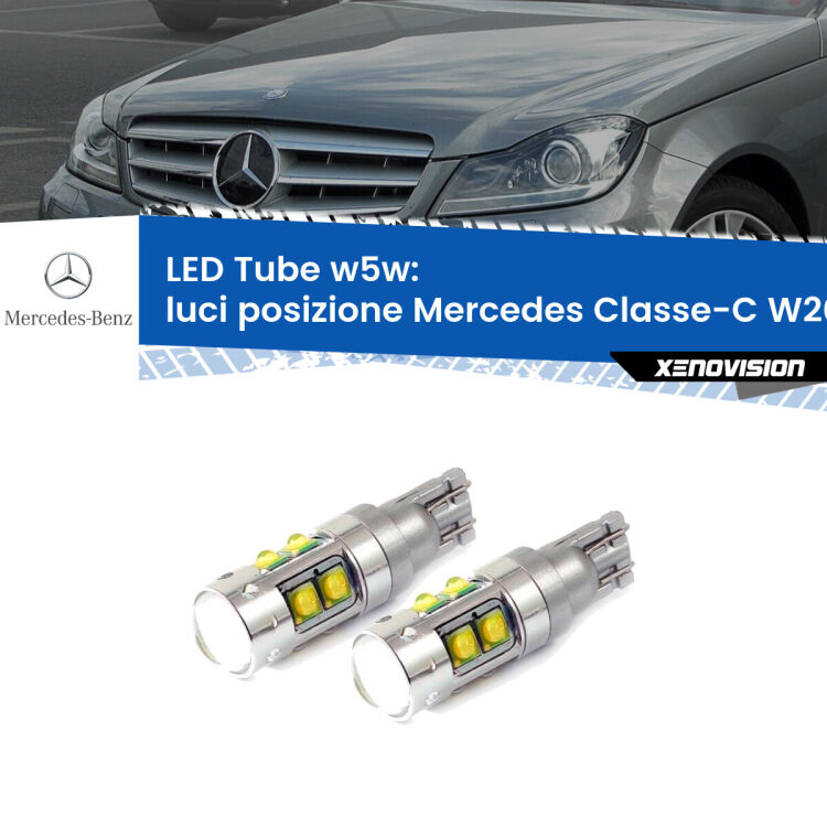 <strong>Luci posizione LED 6000k per Mercedes Classe-C</strong> W204 2007-2014. Lampadine <strong>W5W</strong> canbus modello Tube, luce bianco lunare, lunga durata e compatibilità.