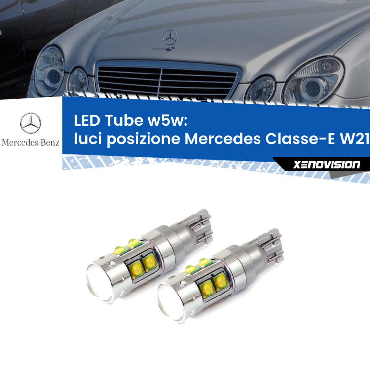 <strong>Luci posizione LED 6000k per Mercedes Classe-E</strong> W211 2002-2006. Lampadine <strong>W5W</strong> canbus modello Tube, luce bianco lunare, lunga durata e compatibilità.