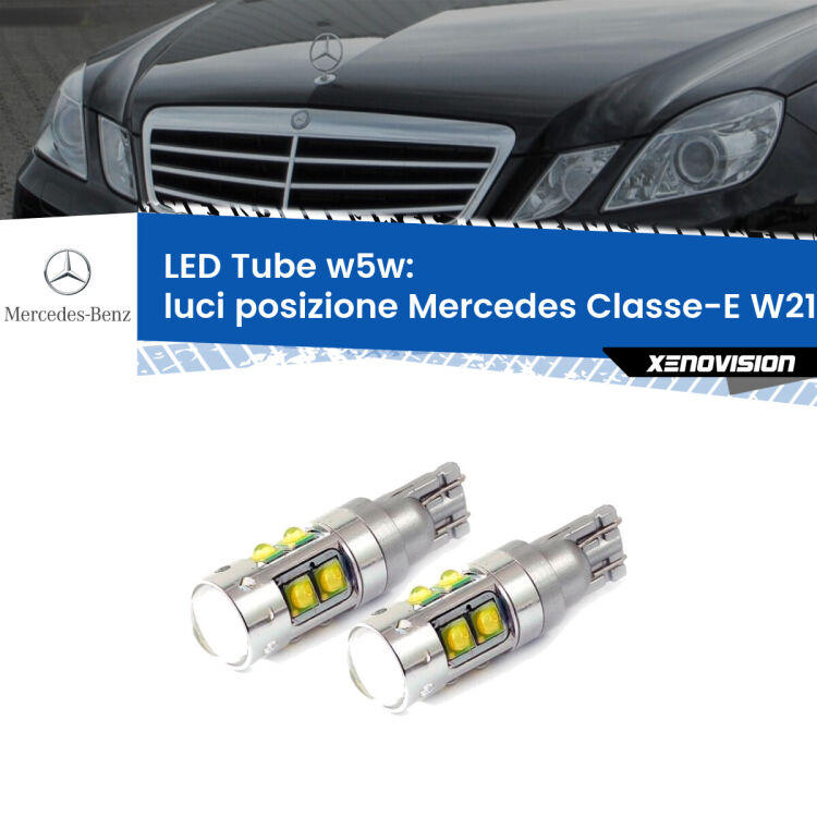 <strong>Luci posizione LED 6000k per Mercedes Classe-E</strong> W212 2009-2016. Lampadine <strong>W5W</strong> canbus modello Tube, luce bianco lunare, lunga durata e compatibilità.